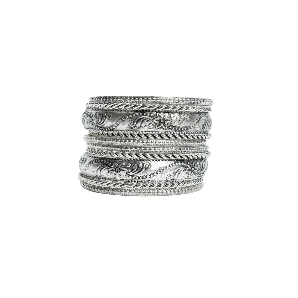 Women's oxidized silver tone floral engraved and rope twist stackable bangle bracelet set ethnic boho antique style fashion jewelry set of 8 pieces