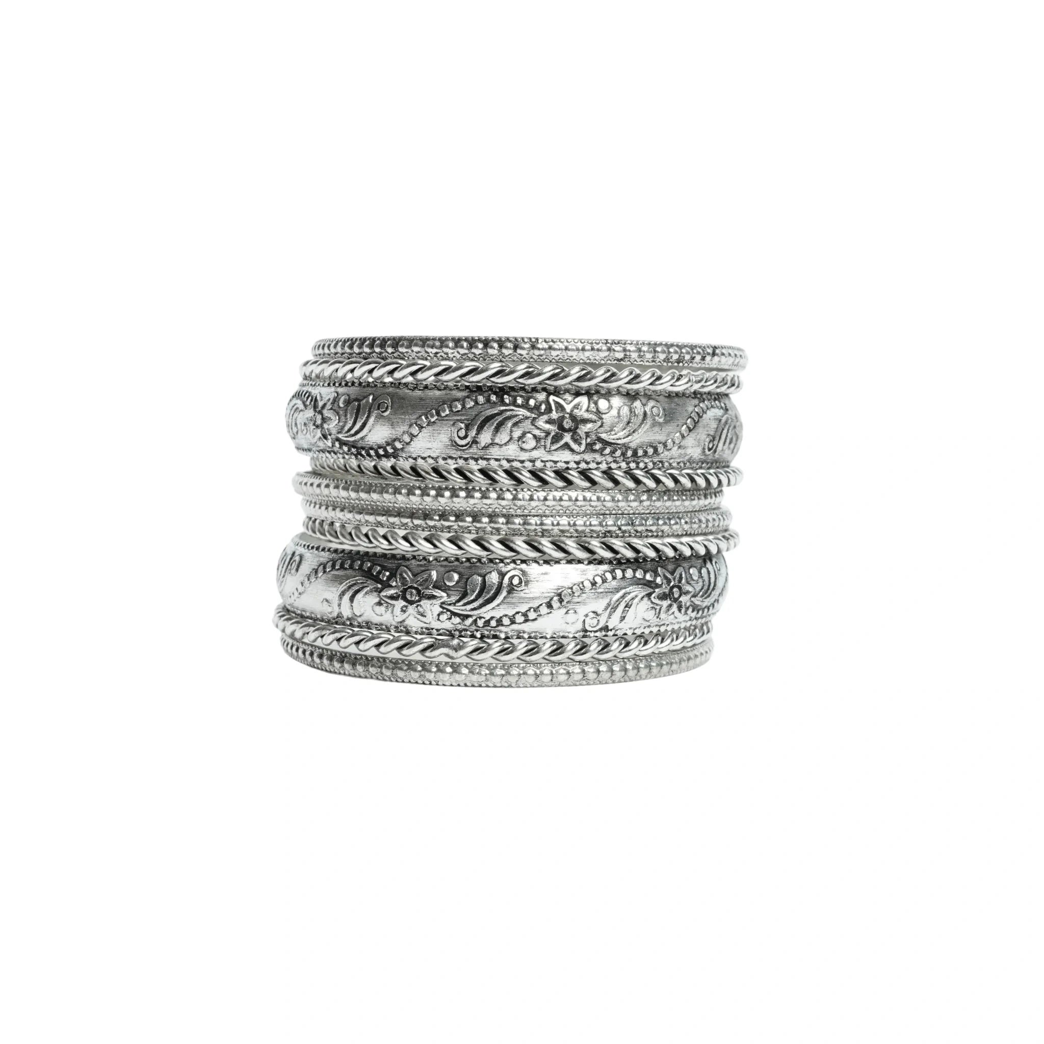 Women's oxidized silver tone floral engraved and rope twist stackable bangle bracelet set ethnic boho antique style fashion jewelry set of 8 pieces