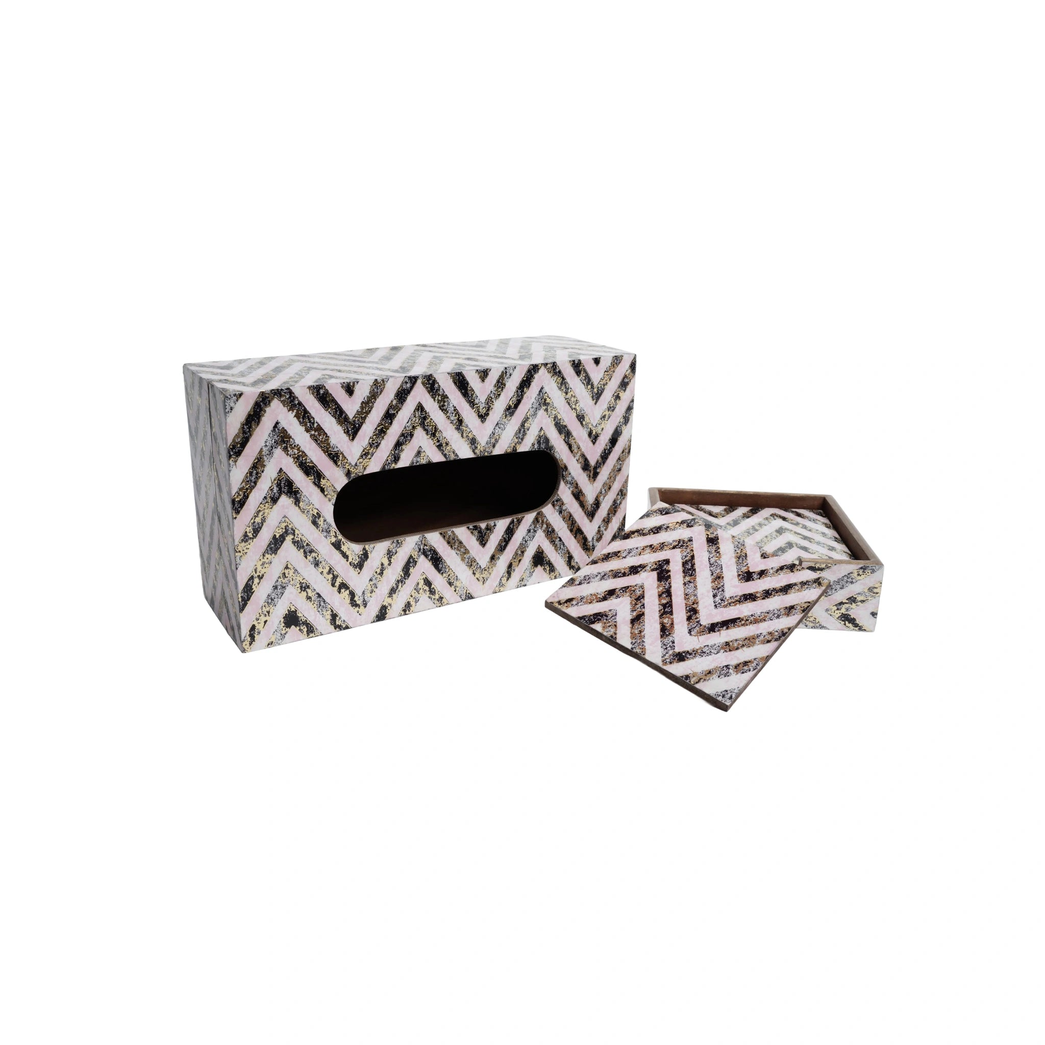 Wooden Zig -Zag Pink & BlackTissue Paper Box +Wooden Coaster Set  of 6 with Holder