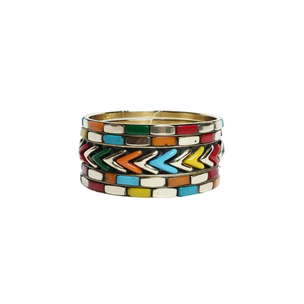 Women's multicolor enamel chevron and tile pattern stackable bangle bracelet set silver tone boho fashion jewelry set