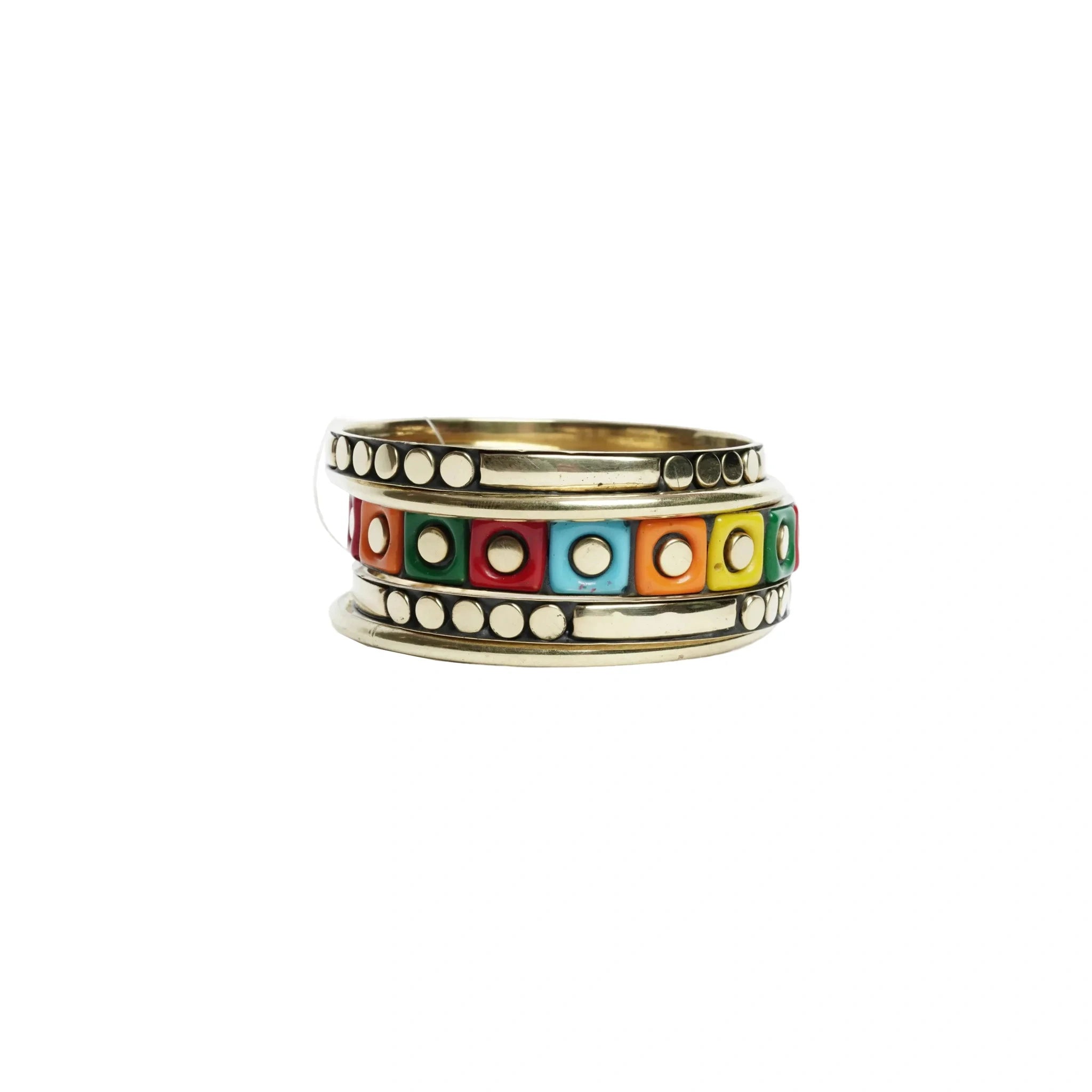 Vintage multicolor inlaid bangles bracelet set for women - handicraft metal resin & brass bracelet 1 kada & 4 chudi, traditional indian bohemian fashion jewellery, pack of 5