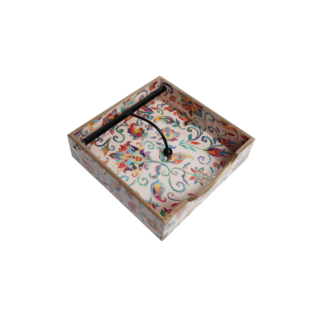 Gold Wooden Kalamkari Floral Digital Printed Weight Tissue Napkin Holder