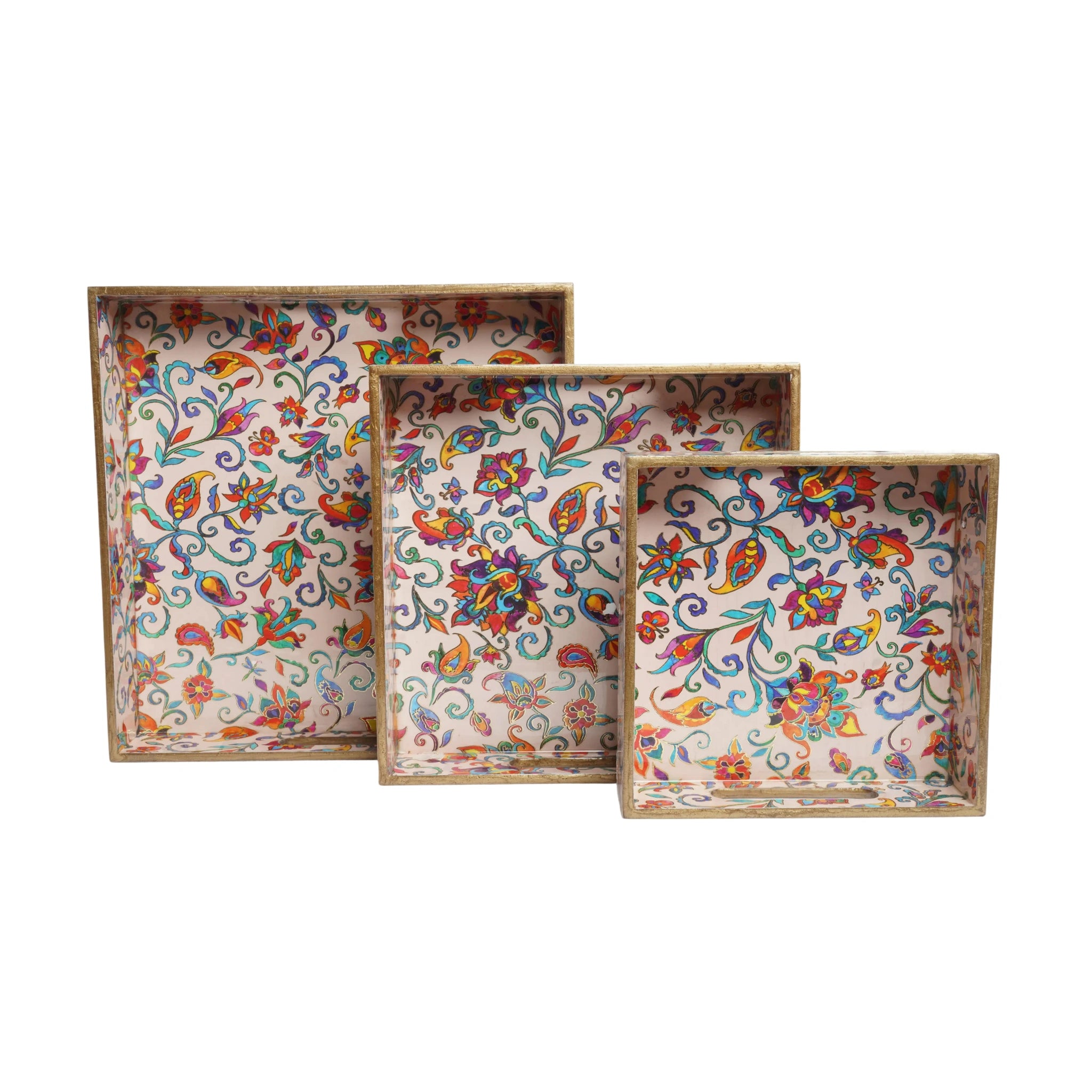 Wooden Kalamkari Floral Serving Tray  Set of 3  (Rectangle)