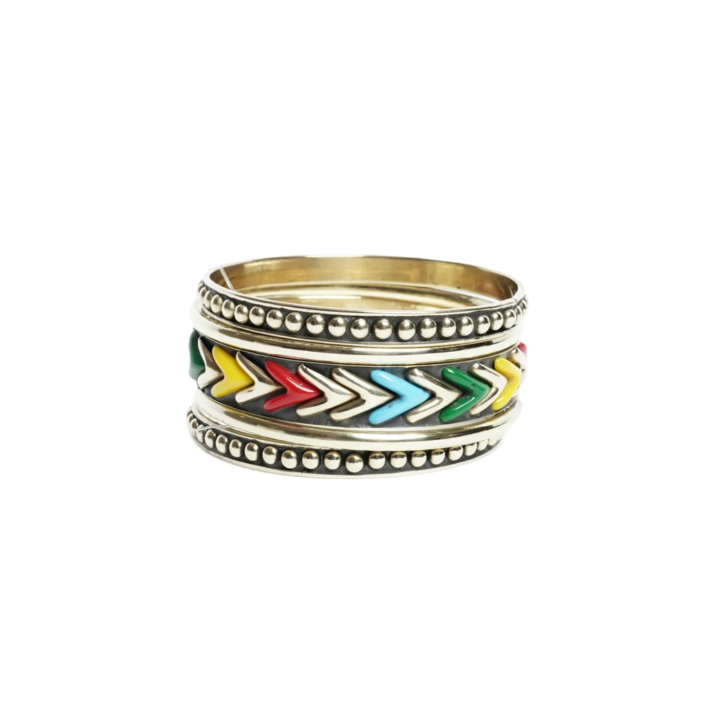 Women's multicolor enamel bead and dot embossed stackable bangle bracelet set silver tone oxidized boho ethnic fashion jewelry set