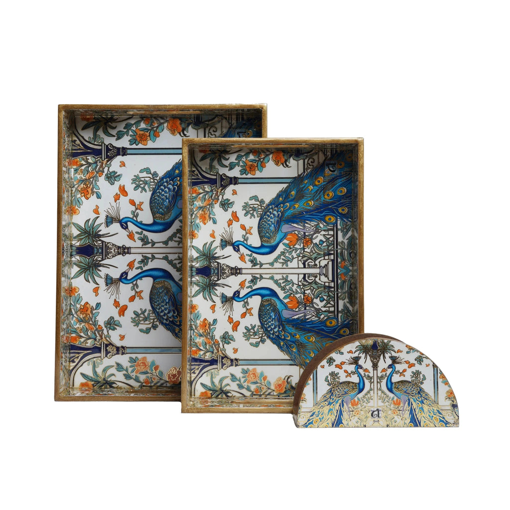 Wooden Tray for Serving Set of 3 with Gold Engraving (Rectangular, PCock-2 Trays+Napkin Holder)