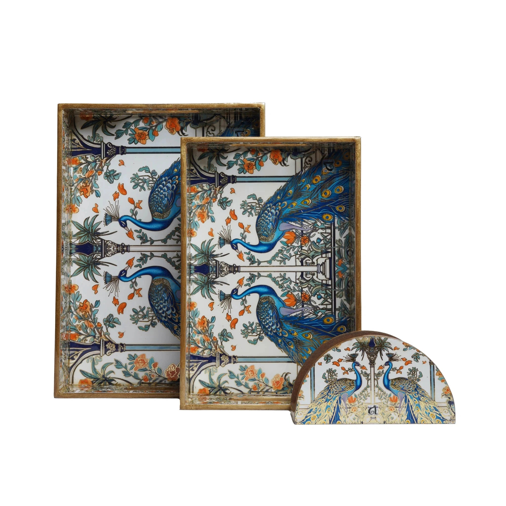 Wooden Tray for Serving Set of 3 with Gold Engraving (Rectangular, PCock-2 Trays+Napkin Holder)