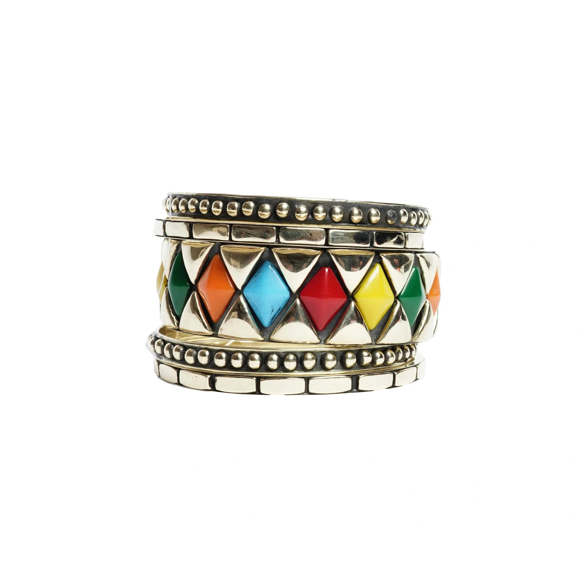 Multicolor Enamel Diamond Pattern Bangle Bracelet Set Gold Tone Stackable Bangles for Women