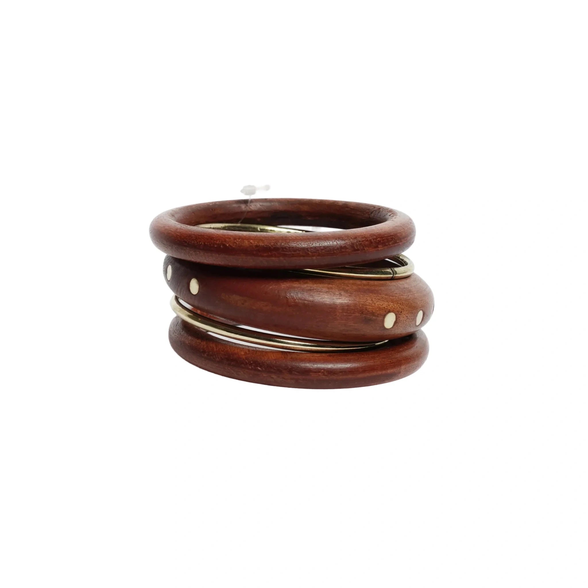 Handmade Wooden Bangle Bracelet Set for Women - Natural Dark Sheesham Wood & Brass Accents Bohemian Ethnic Jewelry, Set of 3 wooden kada & 2 brass chudi