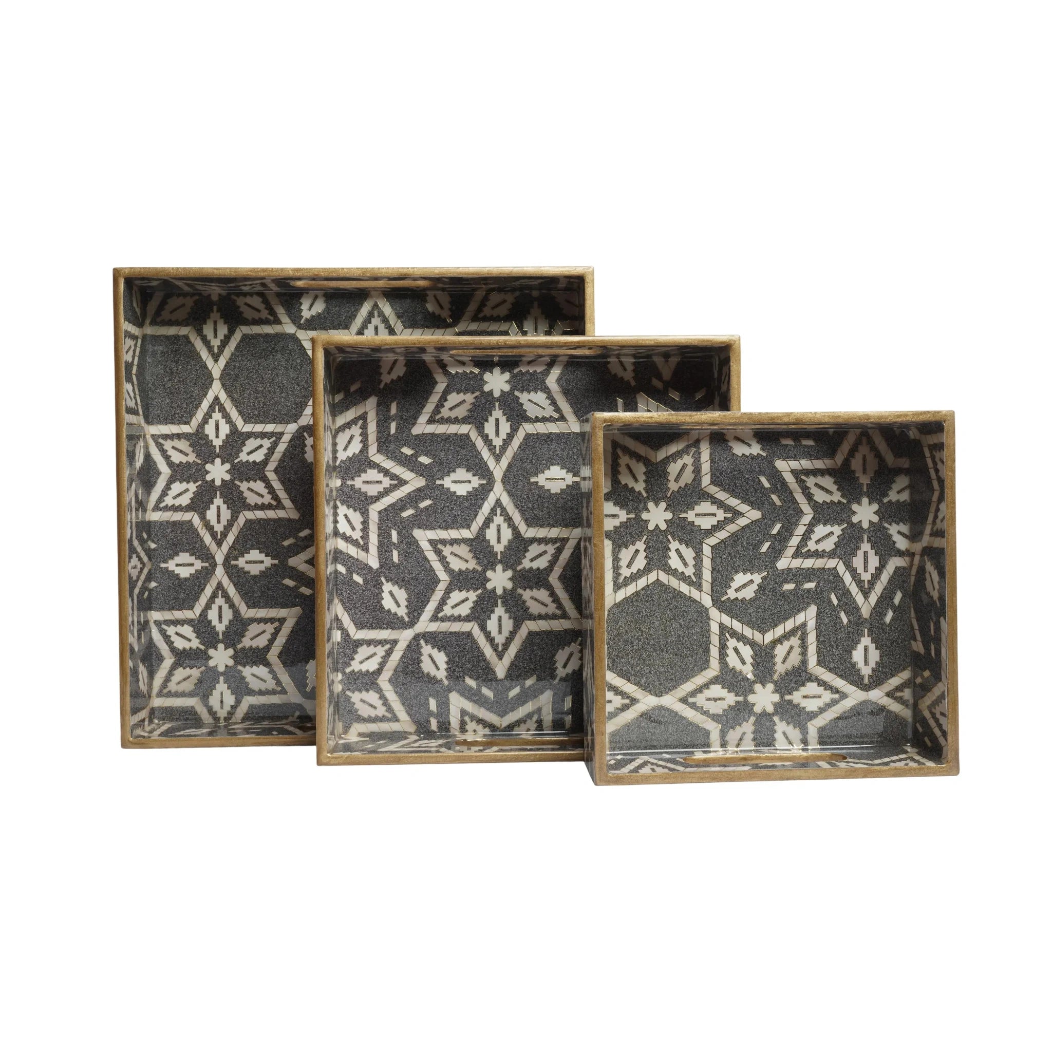 Wooden Geometric Star Pattern Serving Tray with Gold Engraving  Set of 3 - ( Square)