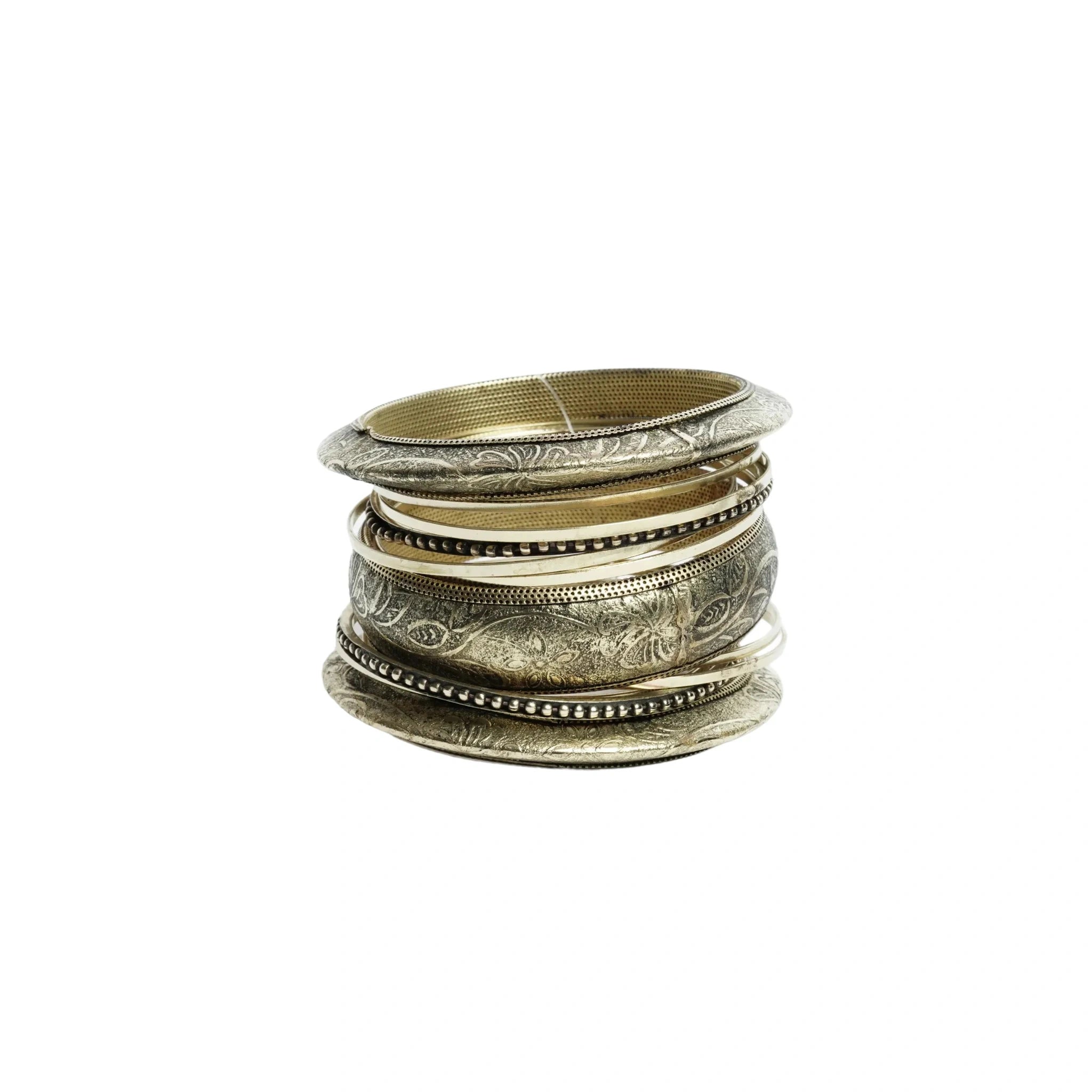Gold-tone brass metal black oxide & wood burnished aztec boho bangle set for women & girls - 1 kada & 6 chudi, vintage engraved stackable ethnic jewellery