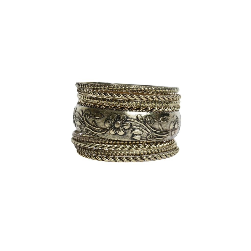 Gold-tone brass metal black oxide & wood burnished aztec boho bangle set for women & girls - 1 kada & 6 chudi, vintage engraved stackable ethnic jewellery