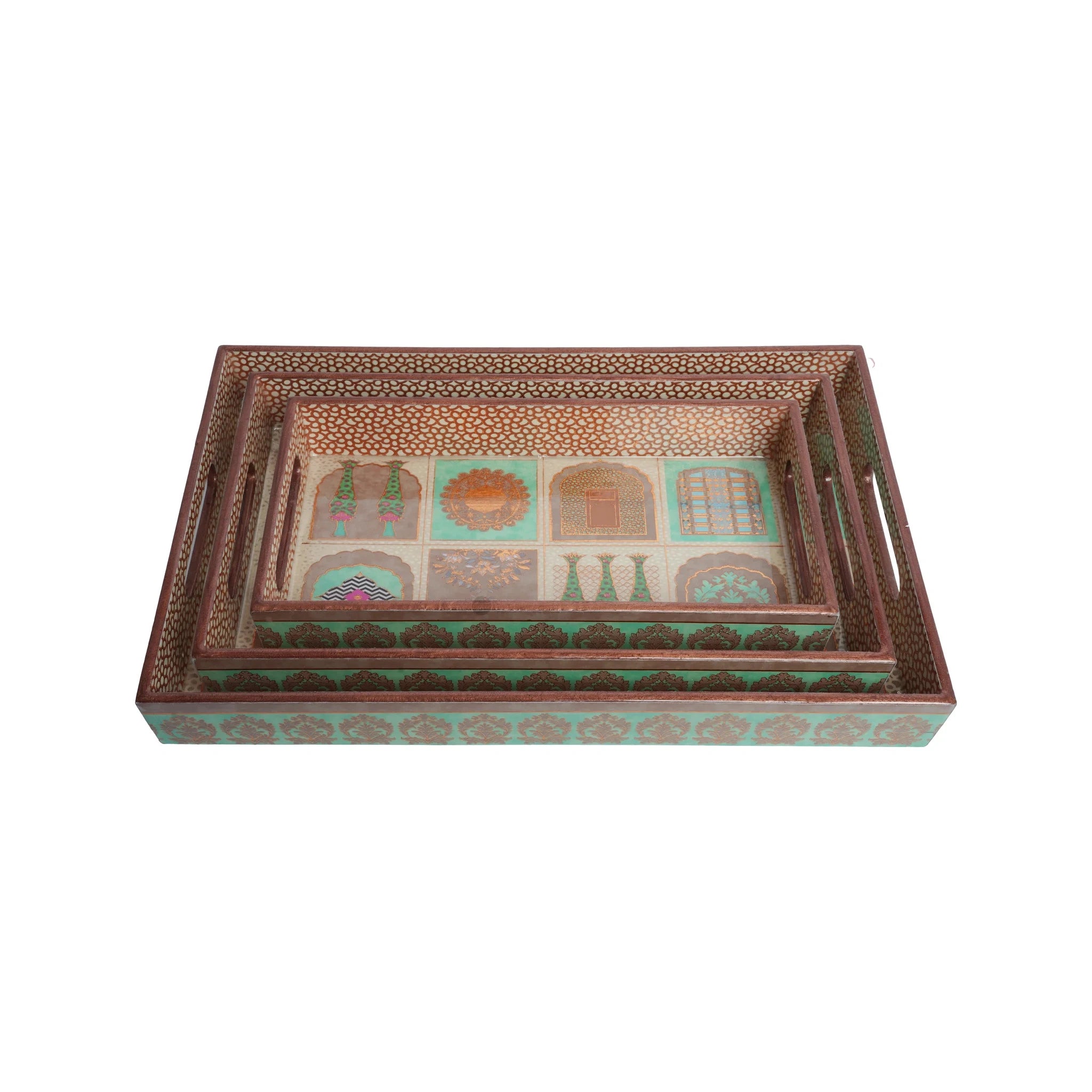Wooden Mughal Rajasthani Miniature Art Serving  Tray  Set of 3 with Gold Engraving (Rectangle)