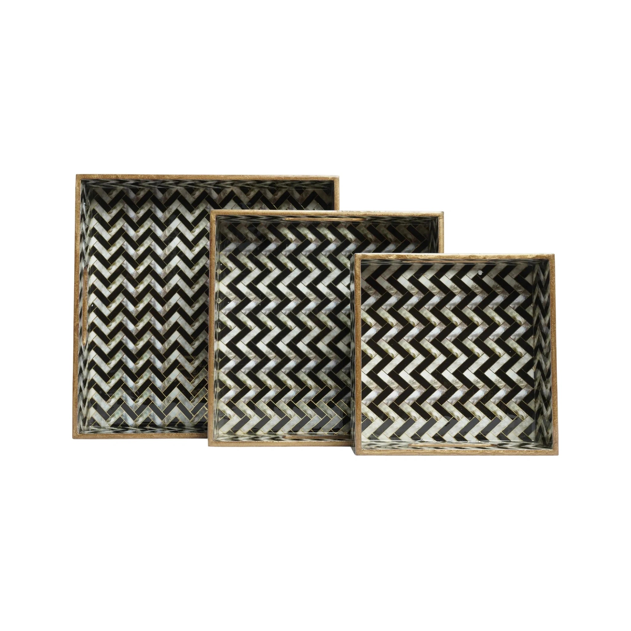 Wooden Zig-Zag V Shape Serving Tray with Gold Engraving | Set of 3 - (Square)