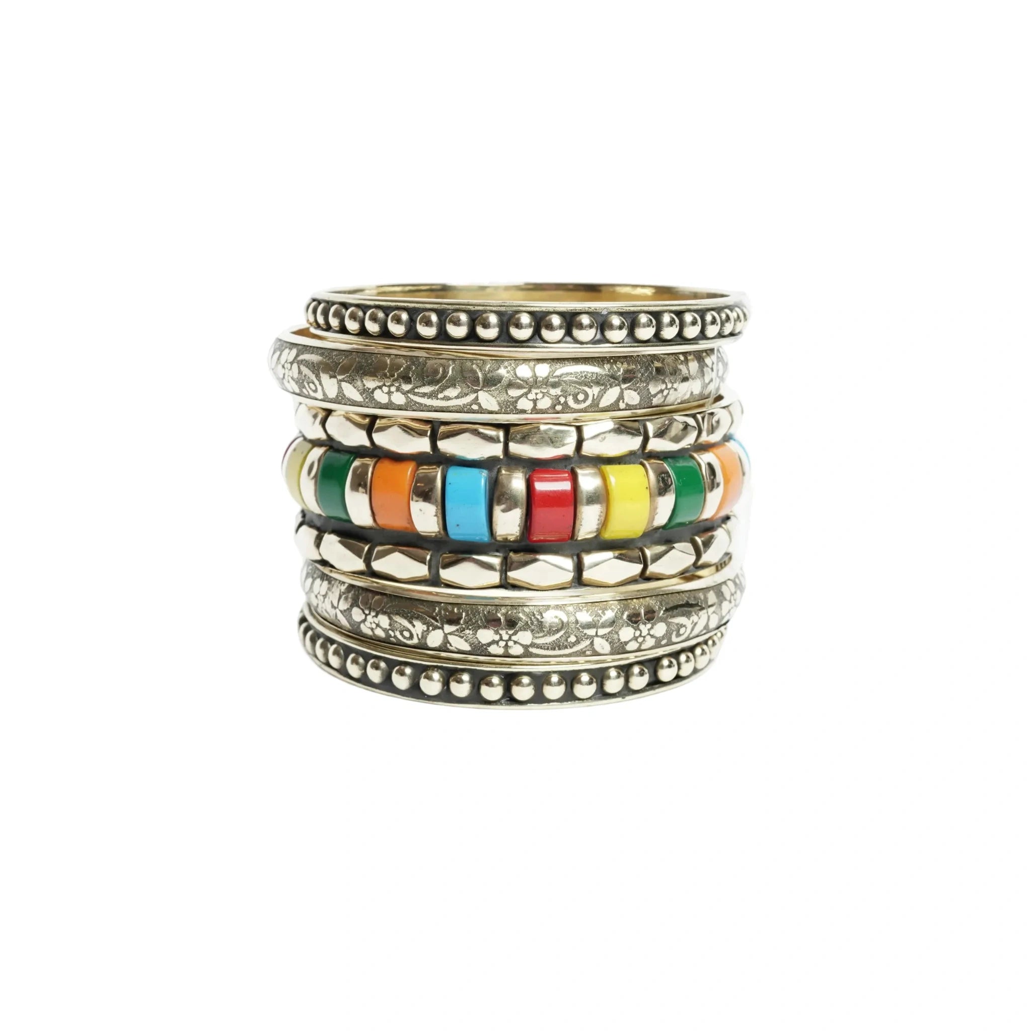 Vintage multicolor inlaid bangles bracelet set for women - handicraft metal resin & brass bracelet 1 kada & 4 chudi, traditional indian bohemian fashion jewellery, pack of 5