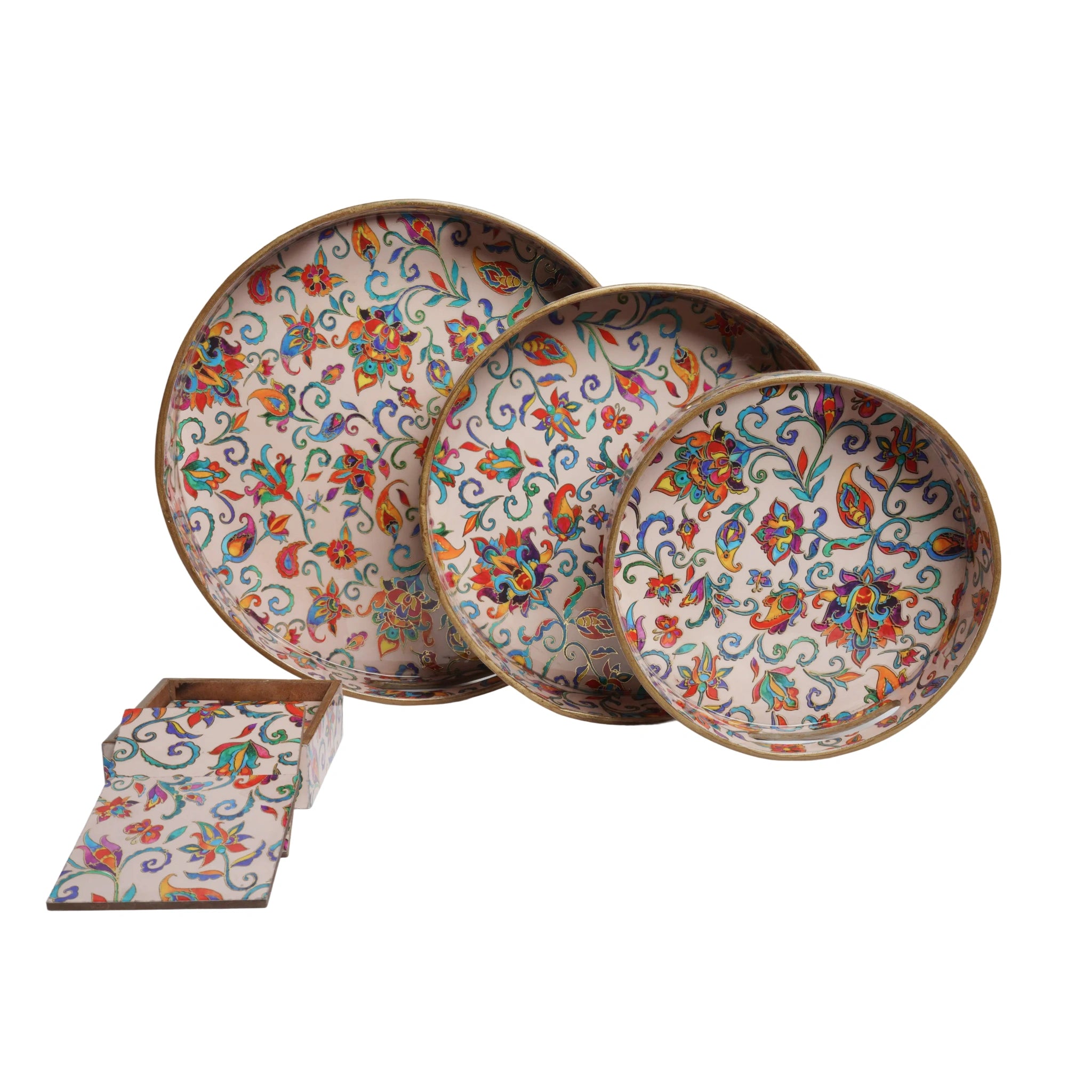 Wooden Kalamkari Floral Serving Tray  Set of 3 + Square Coaster Set of 6  with Holder