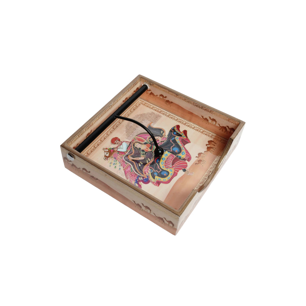 Wooden Rajasthani Art Digital Printed Weight Tissue Napkin Holder With Weighted Arm