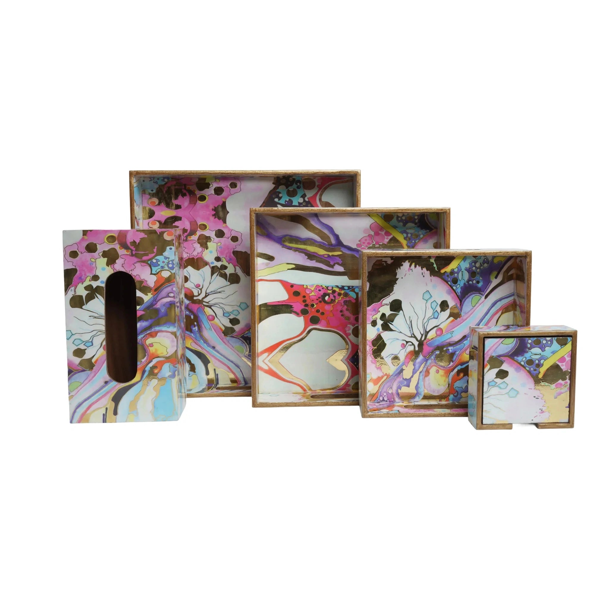 Wooden Fluid Art Coaster Set of 6 with Holder+Wooden Serving Tray Set of 3 +Wooden Digital Printed Tissue Paper Box (Square)