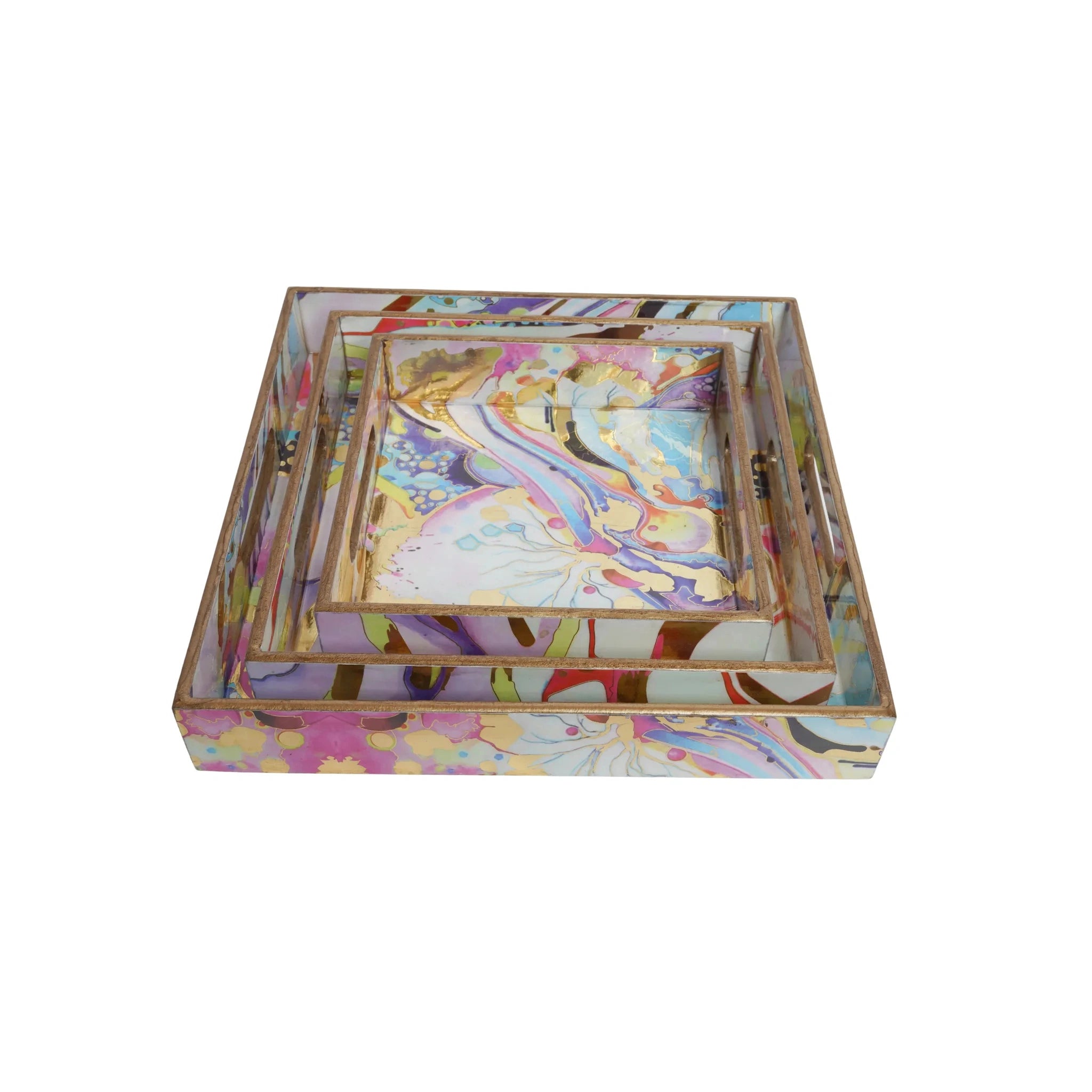 Wooden Fluid  Art  Serving Tray Set of 3 (Square)
