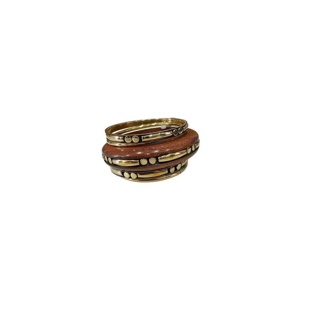 Handmade Wooden Bangle Bracelet Set for Women - Natural Dark Wood & Brass Accents Bohemian Ethnic Jewelry, Set of 1 wooden kada & 4 brass chudi
