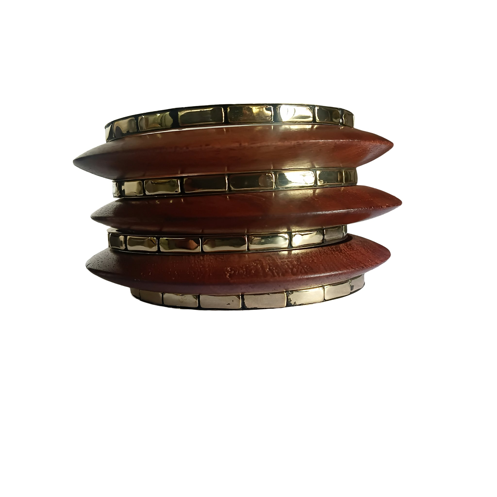 Handmade Wooden Bangle Bracelet Set for Women - Natural Dark Wood & Brass Accents Bohemian Ethnic Jewelry, Set of 3 wooden kada & 4 brass chudi