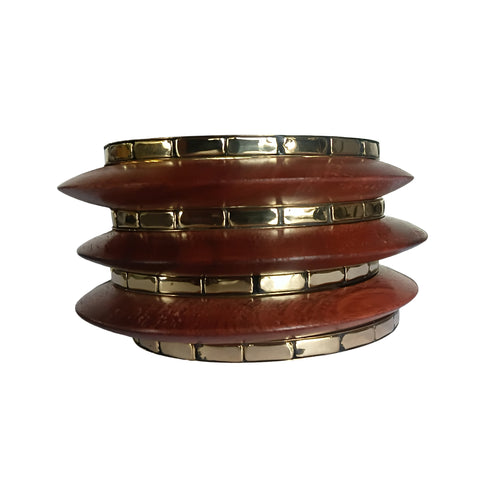 Handmade Wooden Bangle Bracelet Set for Women - Natural Dark Wood & Brass Accents Bohemian Ethnic Jewelry, Set of 3 wooden kada & 4 brass chudi