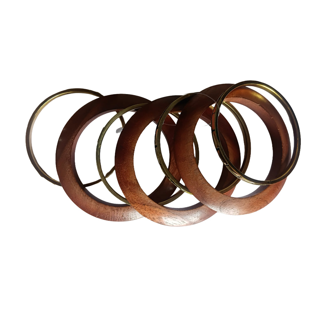 Handmade Wooden Bangle Bracelet Set for Women - Natural Dark Wood & Brass Accents Bohemian Ethnic Jewelry, Set of 3 wooden kada & 4 brass chudi