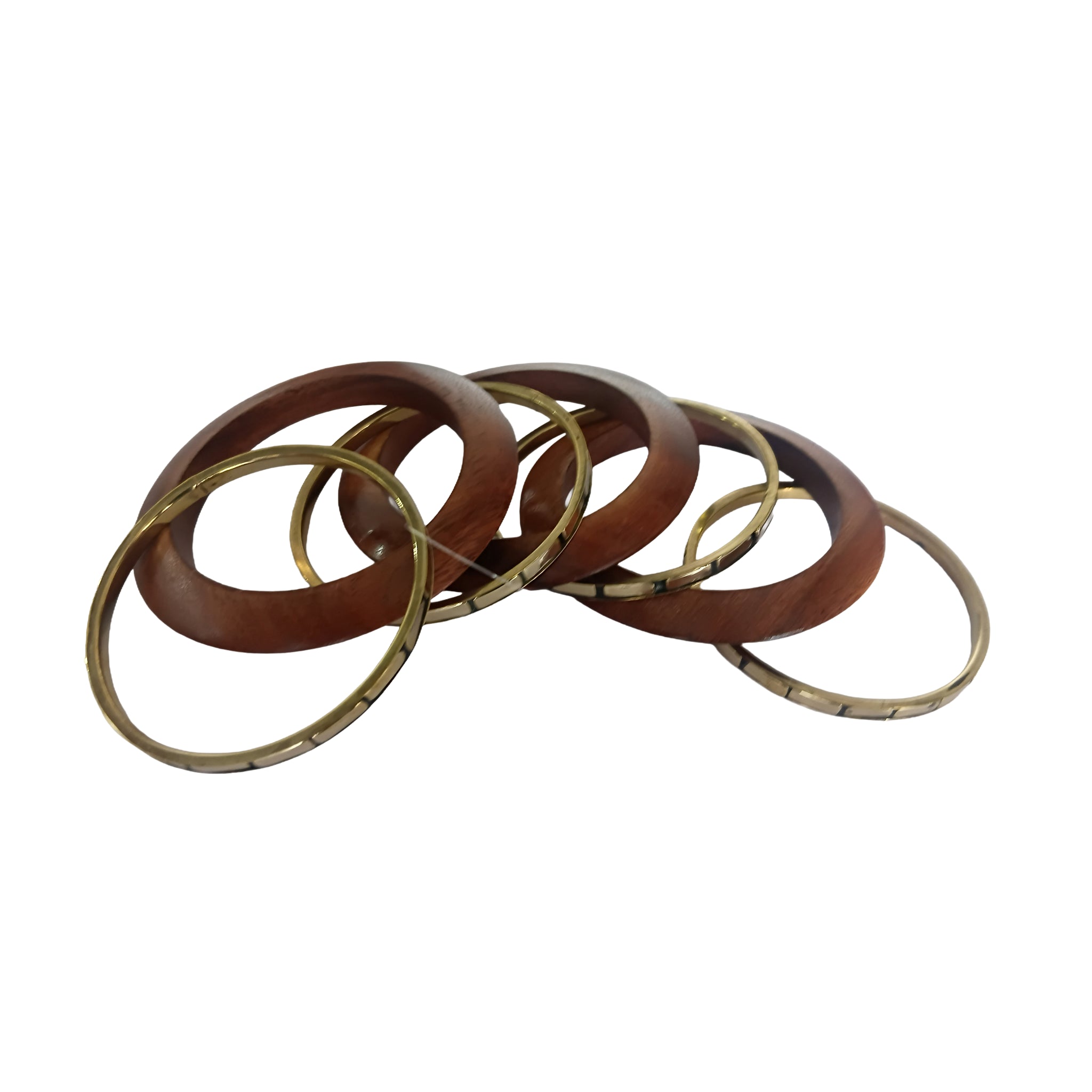 Handmade Wooden Bangle Bracelet Set for Women - Natural Dark Wood & Brass Accents Bohemian Ethnic Jewelry, Set of 3 wooden kada & 4 brass chudi