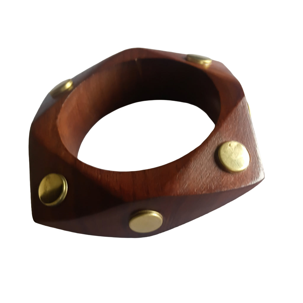 Handmade Wooden Bangle Bracelet Set for Women - Natural Dark Wood & Brass Accents Bohemian Ethnic Jewelry, Set of 1 wooden kada with brass work