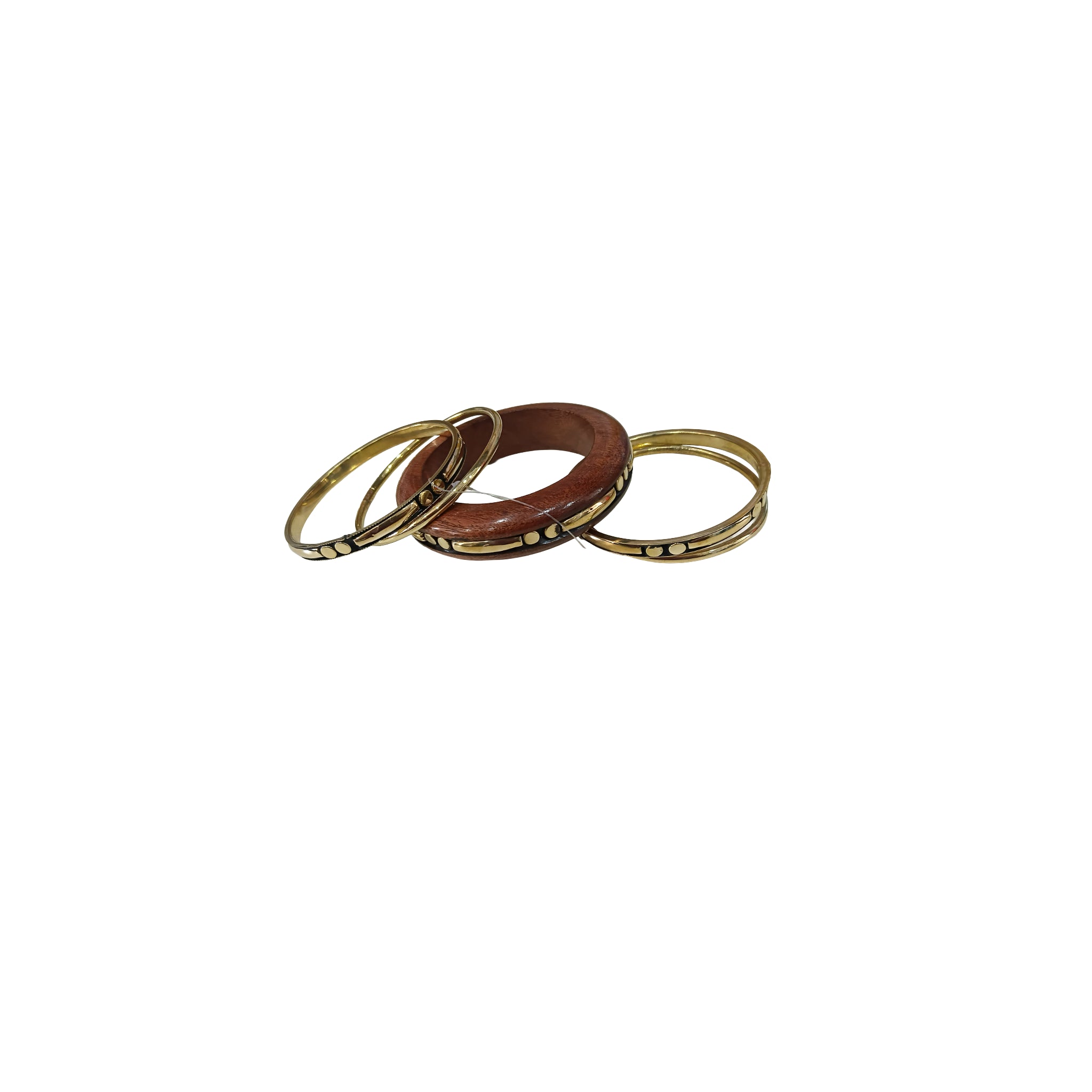 Handmade Wooden Bangle Bracelet Set for Women - Natural Dark Wood & Brass Accents Bohemian Ethnic Jewelry, Set of 1 wooden kada & 4 brass chudi