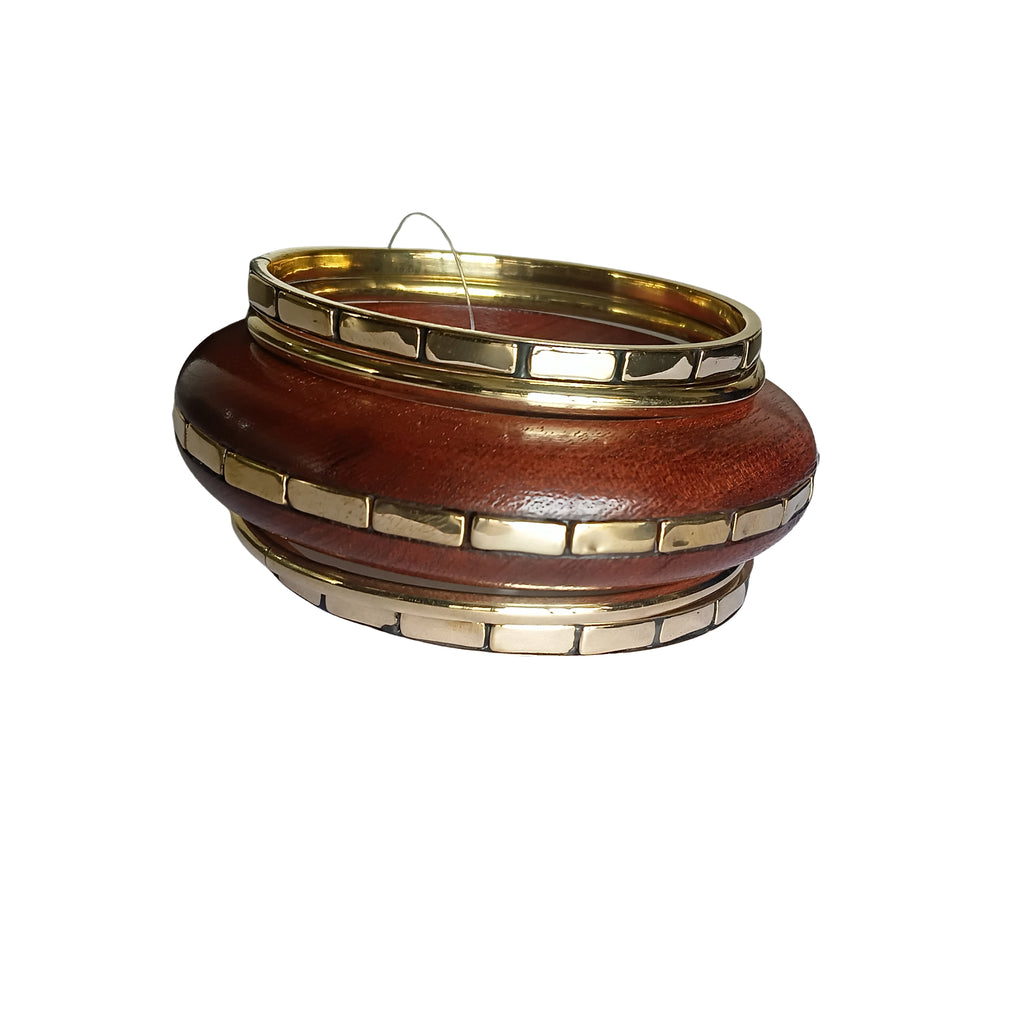 Handmade Wooden Bangle Bracelet Set for Women - Natural Dark Wood & Brass Accents Bohemian Ethnic Jewelry, Set of 1 wooden kada & 4 brass chudi