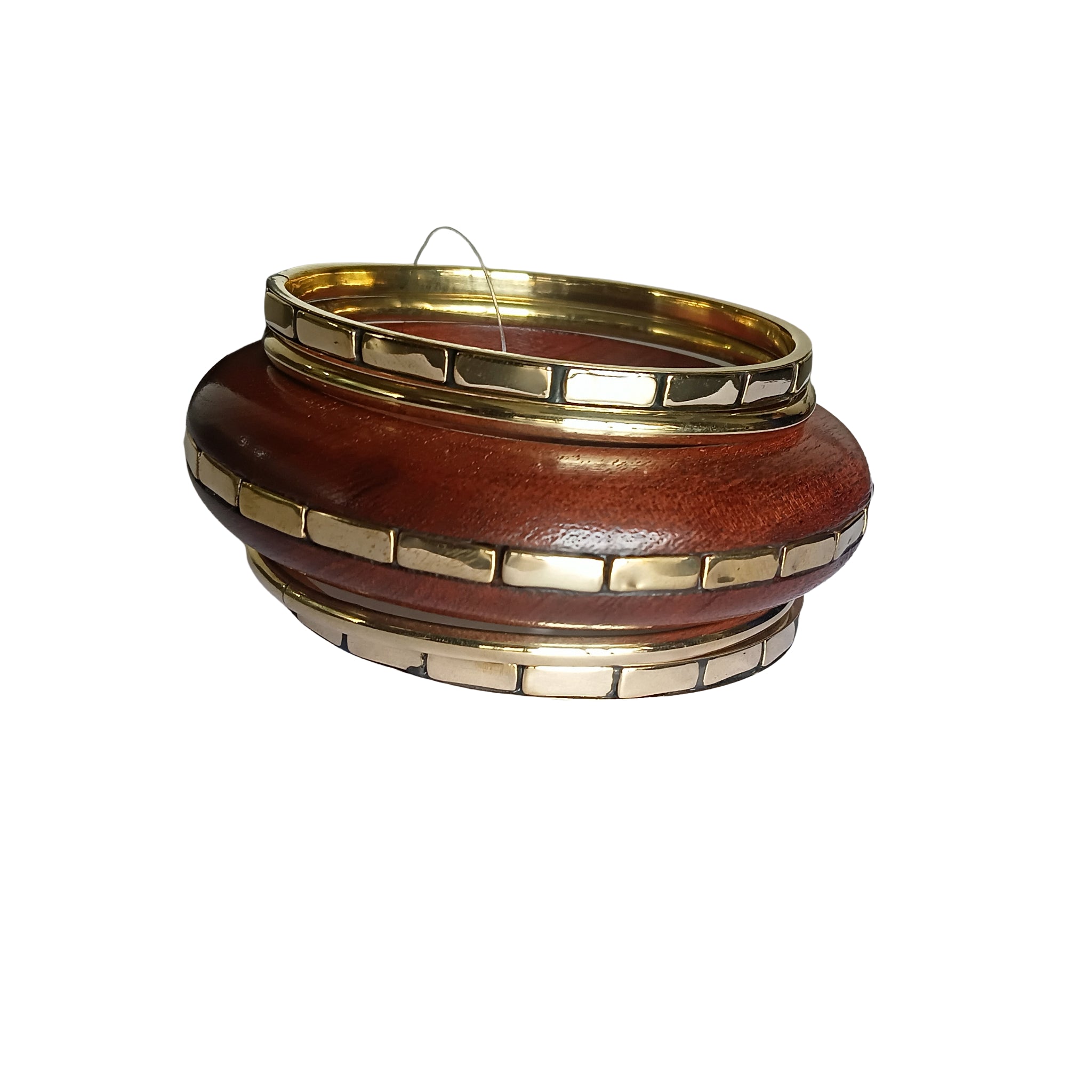Handmade Wooden Bangle Bracelet Set for Women - Natural Dark Wood & Brass Accents Bohemian Ethnic Jewelry, Set of 1 wooden kada & 4 brass chudi