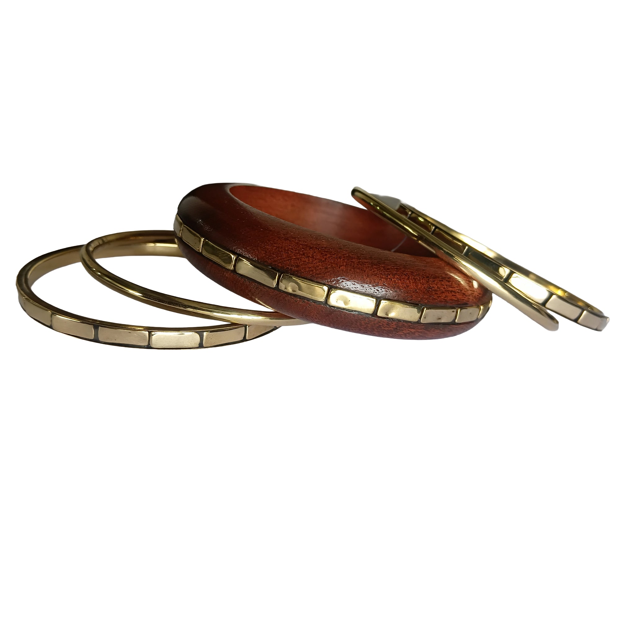 Handmade Wooden Bangle Bracelet Set for Women - Natural Dark Wood & Brass Accents Bohemian Ethnic Jewelry, Set of 1 wooden kada & 4 brass chudi