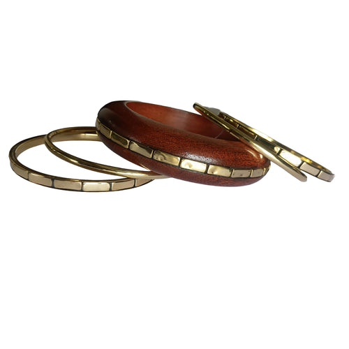 Handmade Wooden Bangle Bracelet Set for Women - Natural Dark Wood & Brass Accents Bohemian Ethnic Jewelry, Set of 1 wooden kada & 4 brass chudi