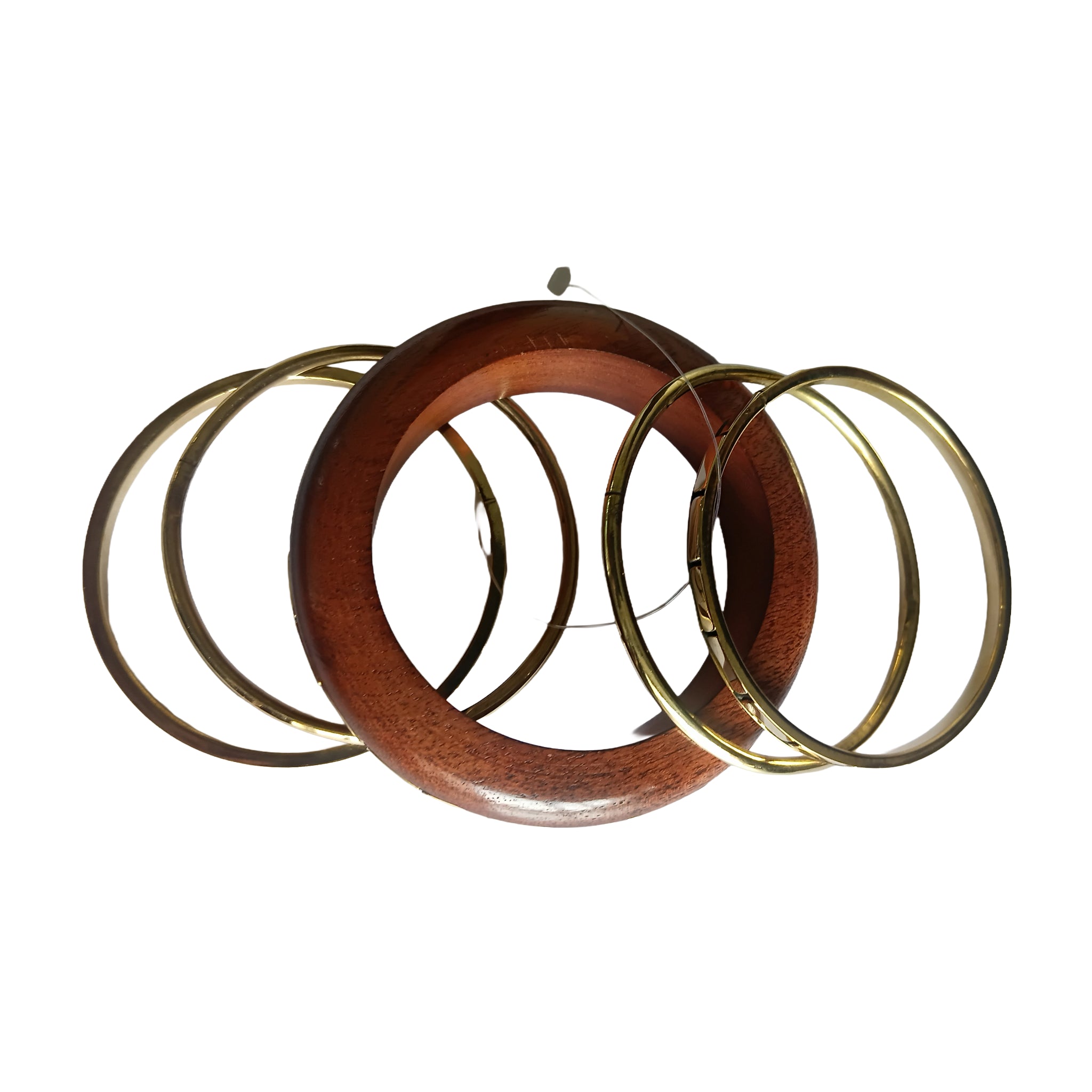 Handmade Wooden Bangle Bracelet Set for Women - Natural Dark Wood & Brass Accents Bohemian Ethnic Jewelry, Set of 1 wooden kada & 4 brass chudi
