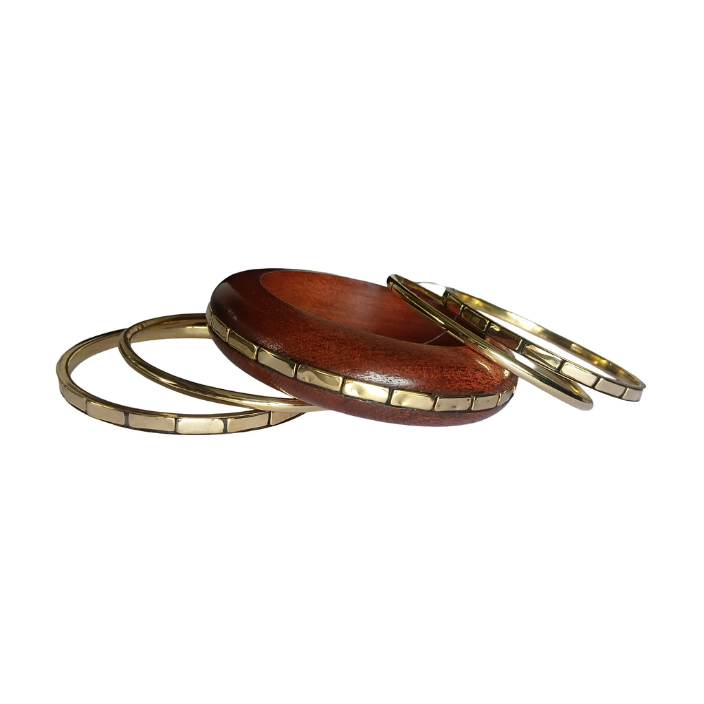 Handmade Wooden Bangle Bracelet Set for Women - Natural Dark Wood & Brass Accents Bohemian Ethnic Jewelry, Set of 1 wooden kada & 4 brass chudi