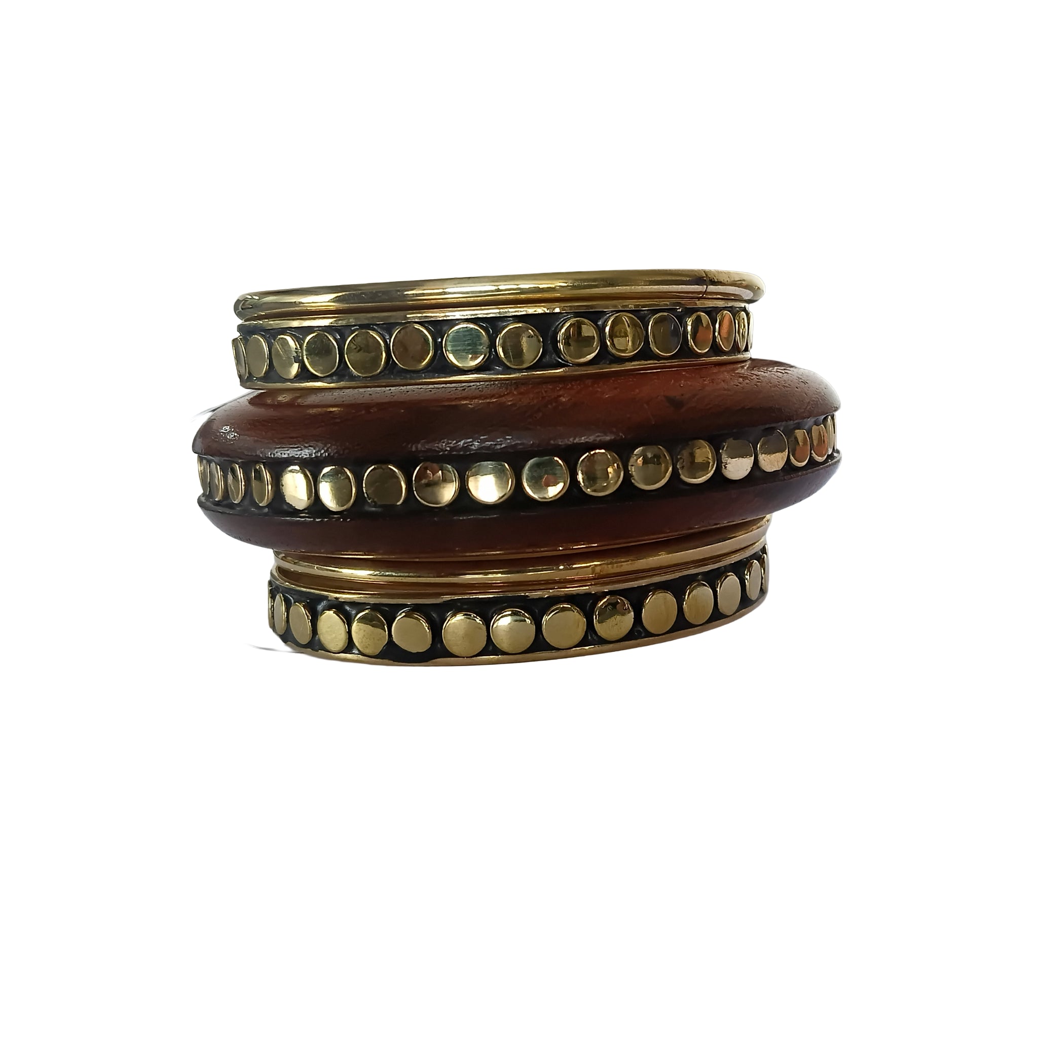 Handmade Wooden Bangle Bracelet Set for Women - Natural Dark Wood & Brass Accents Bohemian Ethnic Jewelry, Set of 1 wooden kada & 4 brass chudi