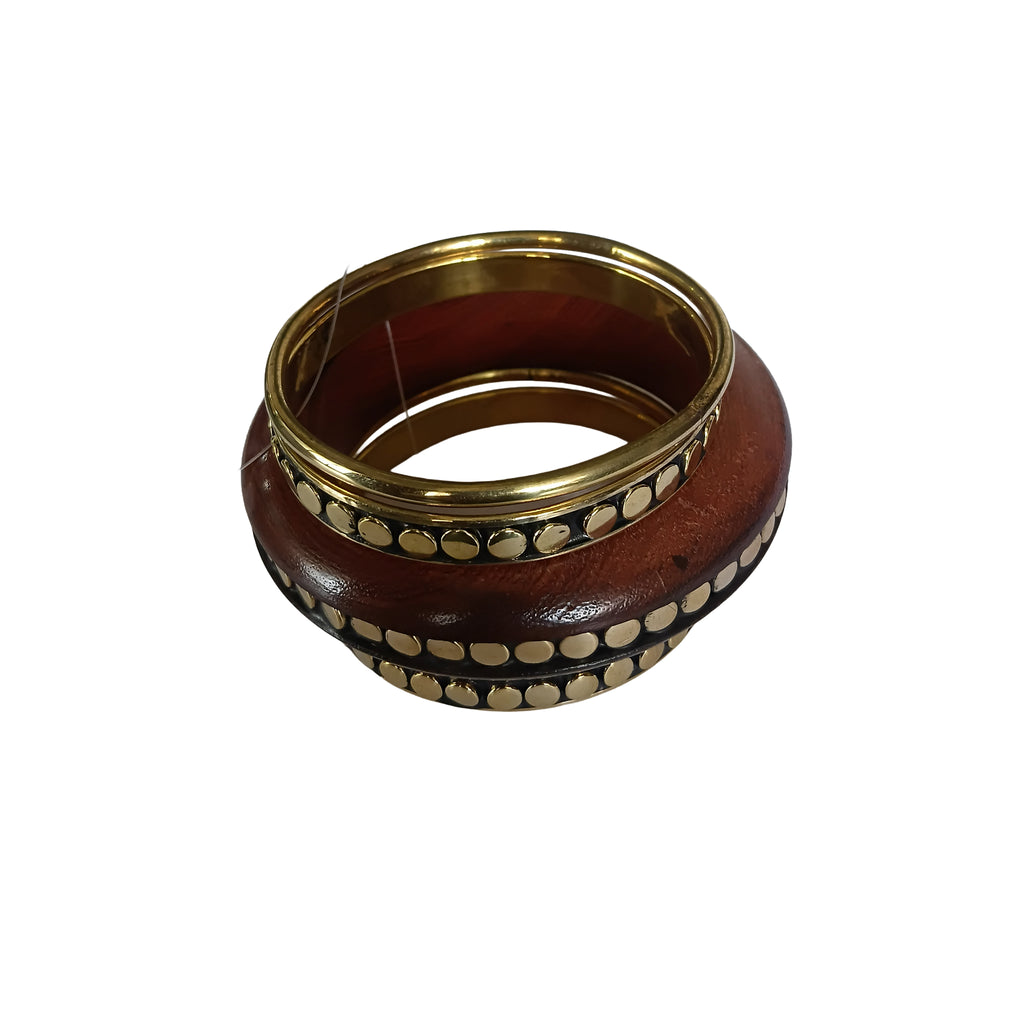 Handmade Wooden Bangle Bracelet Set for Women - Natural Dark Wood & Brass Accents Bohemian Ethnic Jewelry, Set of 1 wooden kada & 4 brass chudi