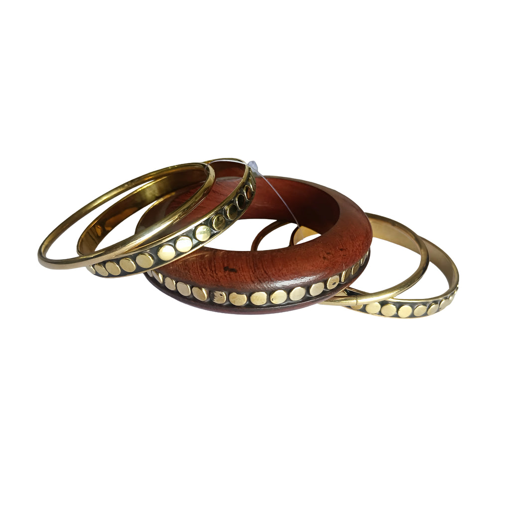 Handmade Wooden Bangle Bracelet Set for Women - Natural Dark Wood & Brass Accents Bohemian Ethnic Jewelry, Set of 1 wooden kada & 4 brass chudi