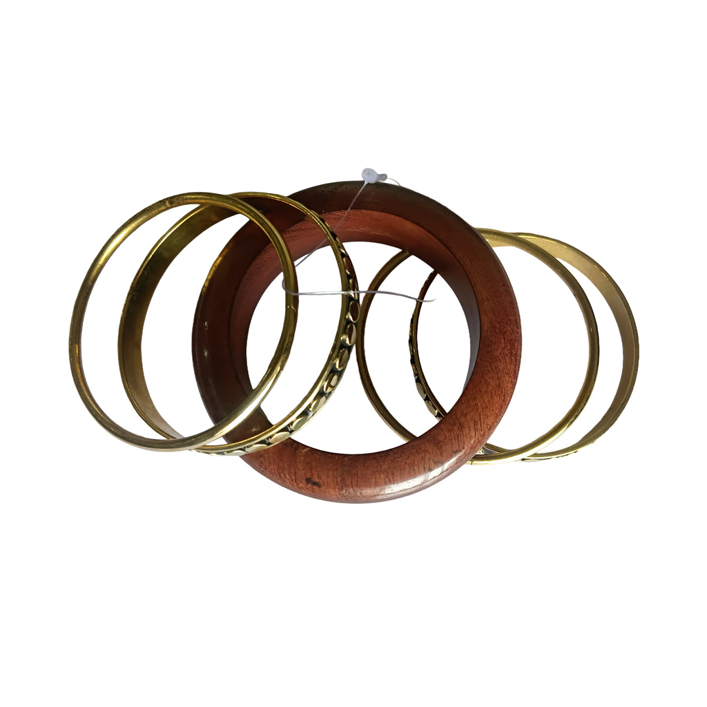 Handmade Wooden Bangle Bracelet Set for Women - Natural Dark Wood & Brass Accents Bohemian Ethnic Jewelry, Set of 1 wooden kada & 4 brass chudi