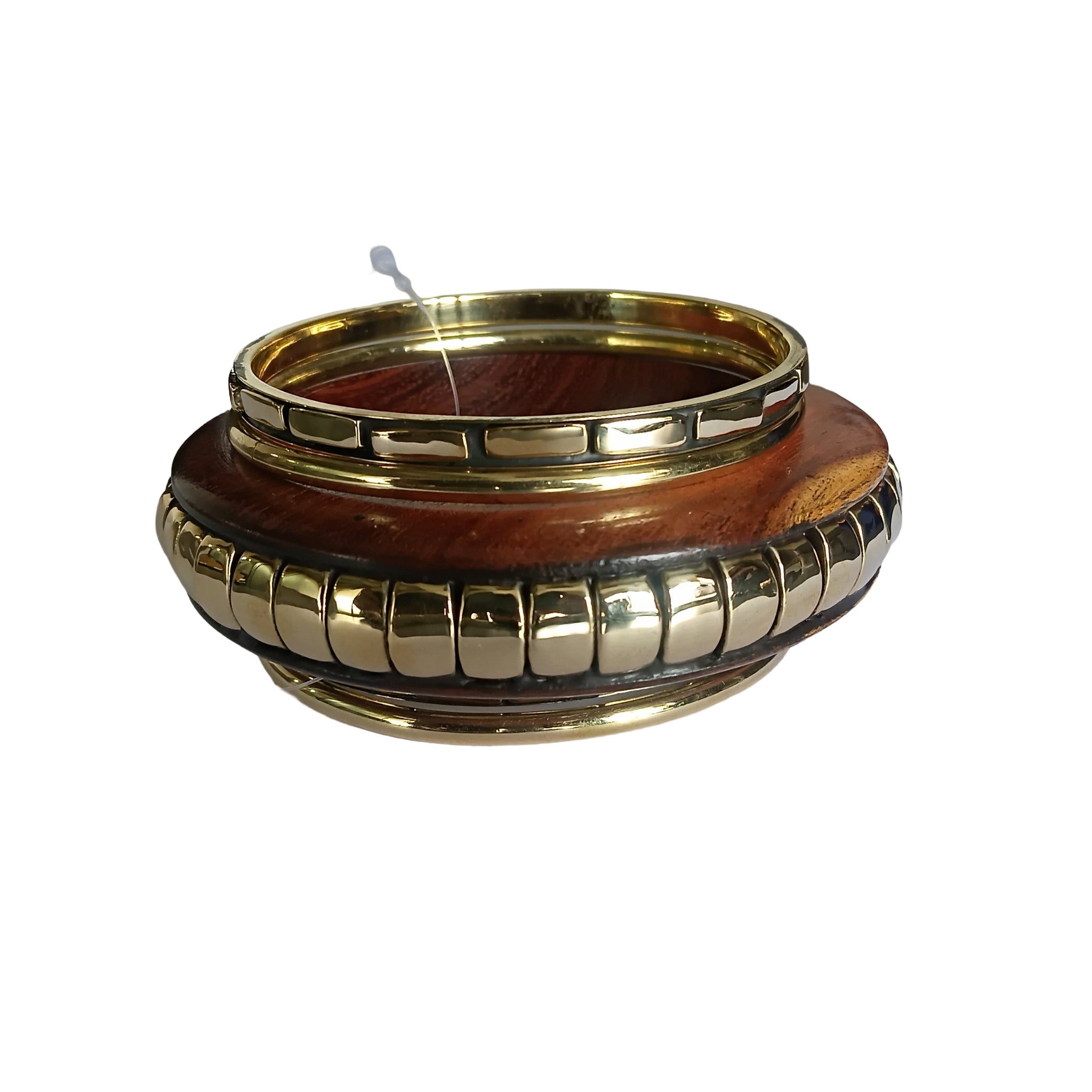 Handmade Wooden Bangle Bracelet Set for Women - Natural Dark Wood & Brass Accents Bohemian Ethnic Jewelry, Set of 1 wooden kada & 4 brass chudi