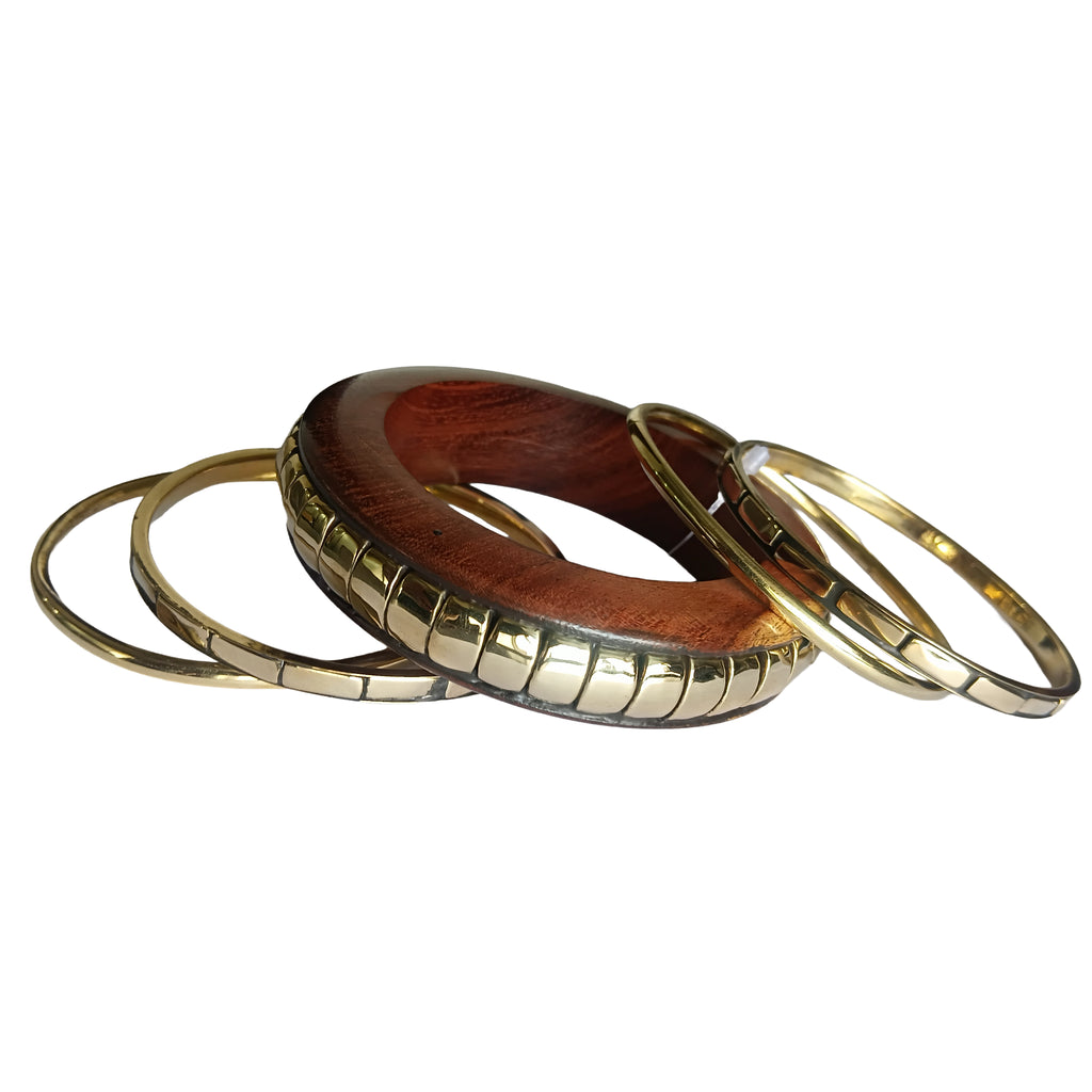 Handmade Wooden Bangle Bracelet Set for Women - Natural Dark Wood & Brass Accents Bohemian Ethnic Jewelry, Set of 1 wooden kada & 4 brass chudi