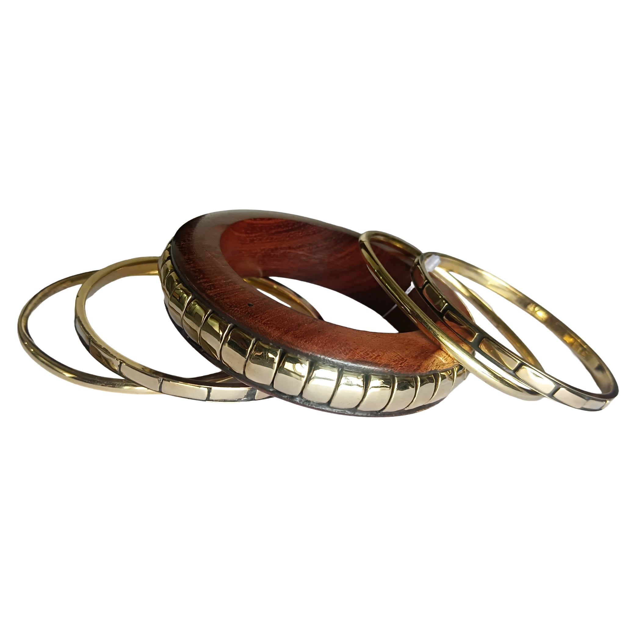 Handmade Wooden Bangle Bracelet Set for Women - Natural Dark Wood & Brass Accents Bohemian Ethnic Jewelry, Set of 1 wooden kada & 4 brass chudi