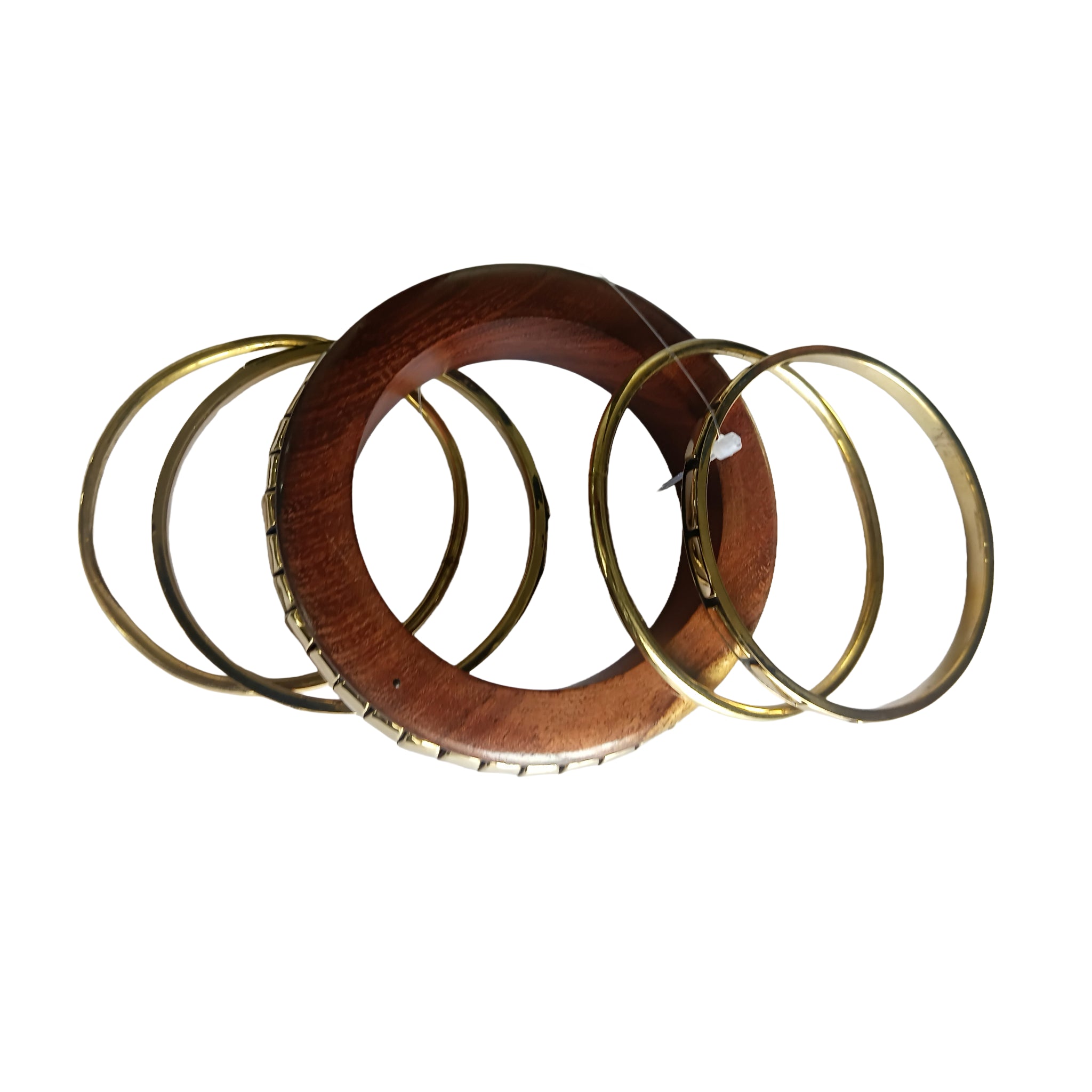 Handmade Wooden Bangle Bracelet Set for Women - Natural Dark Wood & Brass Accents Bohemian Ethnic Jewelry, Set of 1 wooden kada & 4 brass chudi