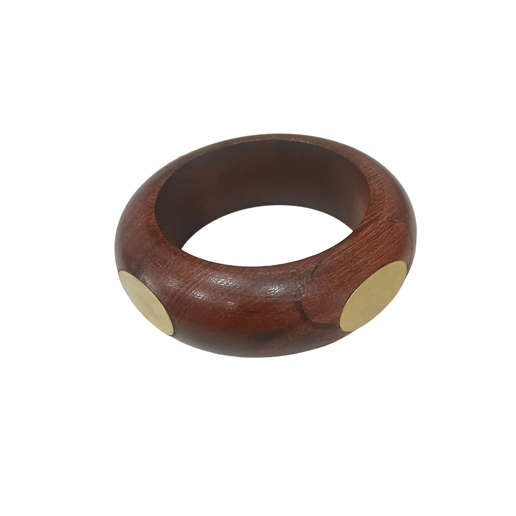 Handmade Wooden Bangle Bracelet Set for Women - Natural Dark Wood & Brass Accents Bohemian Ethnic Jewelry, Set of 1 wooden kada with brass work