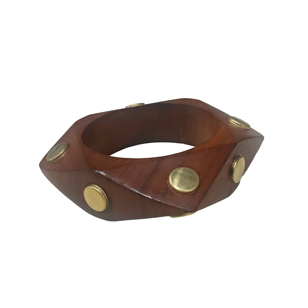 Handmade Wooden Bangle Bracelet Set for Women - Natural Dark Wood & Brass Accents Bohemian Ethnic Jewelry, Set of 1 wooden kada with brass work