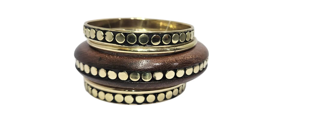 Handmade Wooden Bangle Bracelet Set for Women - Natural Dark Wood & Brass Accents Bohemian Ethnic Jewelry, Set of 1 wooden kada & 4 brass chudi