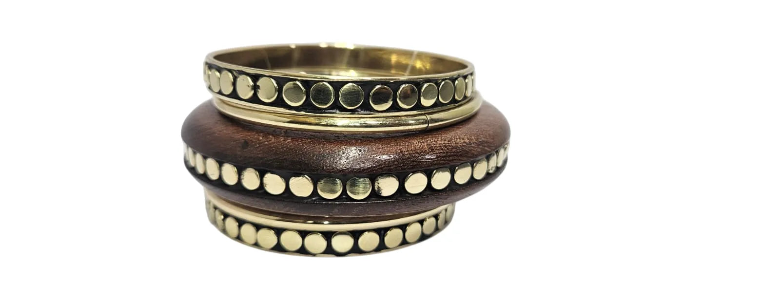 Handmade Wooden Bangle Bracelet Set for Women - Natural Dark Wood & Brass Accents Bohemian Ethnic Jewelry, Set of 1 wooden kada & 4 brass chudi