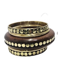 Handmade Wooden Bangle Bracelet Set for Women - Natural Dark Wood & Brass Accents Bohemian Ethnic Jewelry, Set of 1 wooden kada & 4 brass chudi