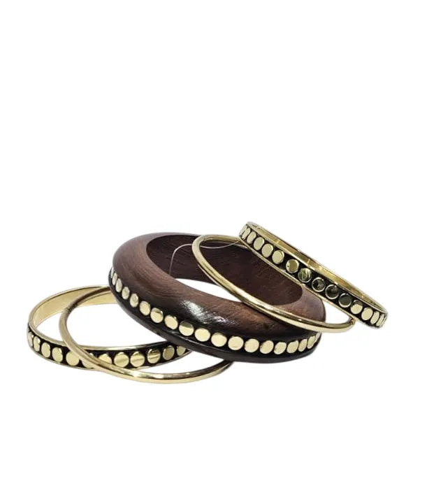 Handmade Wooden Bangle Bracelet Set for Women - Natural Dark Wood & Brass Accents Bohemian Ethnic Jewelry, Set of 1 wooden kada & 4 brass chudi