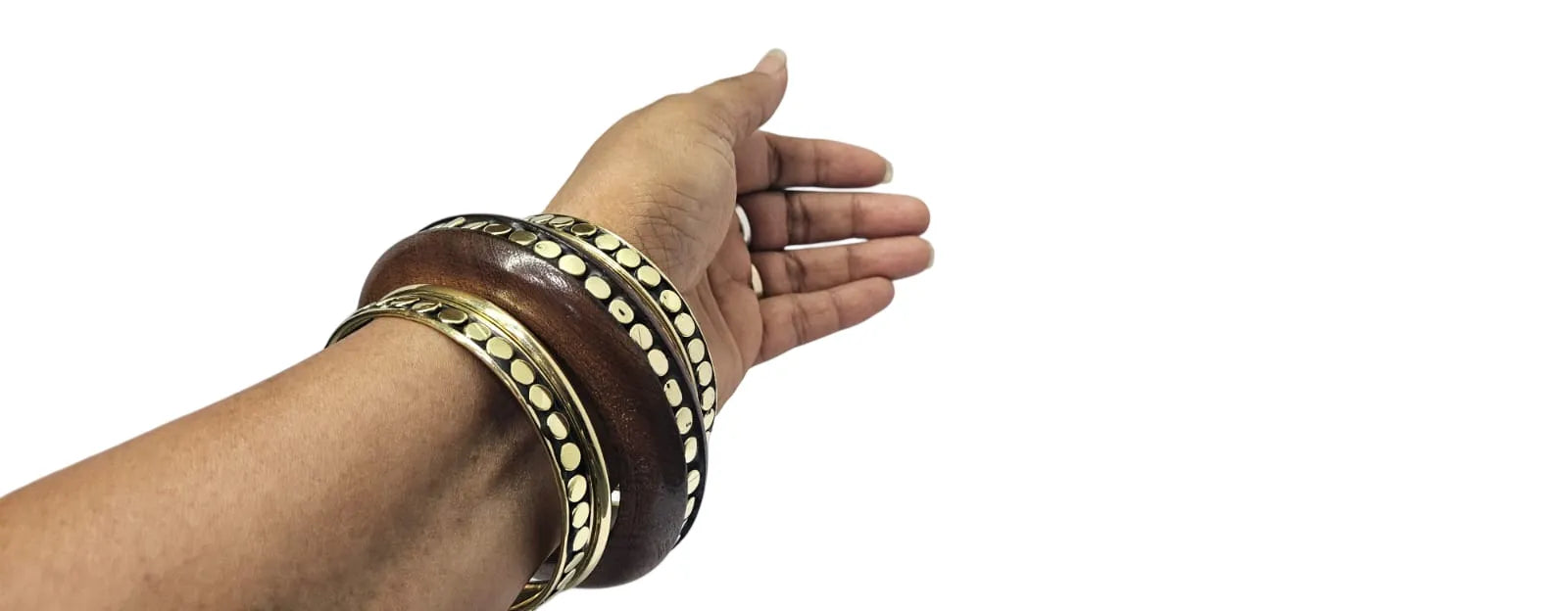 Handmade Wooden Bangle Bracelet Set for Women - Natural Dark Wood & Brass Accents Bohemian Ethnic Jewelry, Set of 1 wooden kada & 4 brass chudi